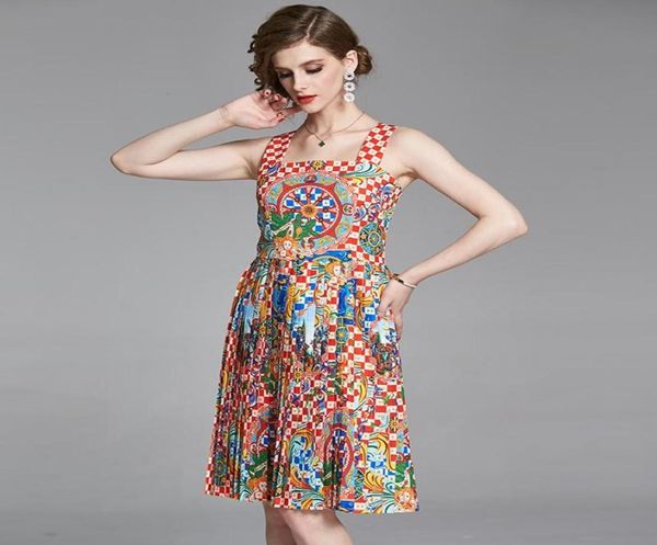 

summer holiday sicily wheel plaid print tank spaghetti strap dress women039s luxury sleeveless high waist pleated short k638 ca1843523, Black;gray