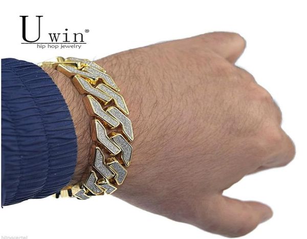 

uwin sand blast bracelet cuban chain link alloy iced out hip hop gold silver tone heavy 18 mm mens bracelet 86quot s9159467349, Black