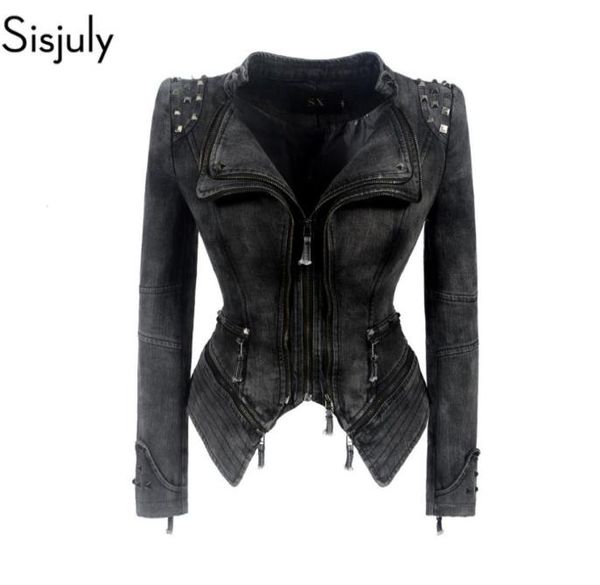 

sisjuly gothic blue gray rivet jackets women asymmetric denim jacket plus size 6xl spring winter zipper motorcycle outerwear y19101076635, Black;brown