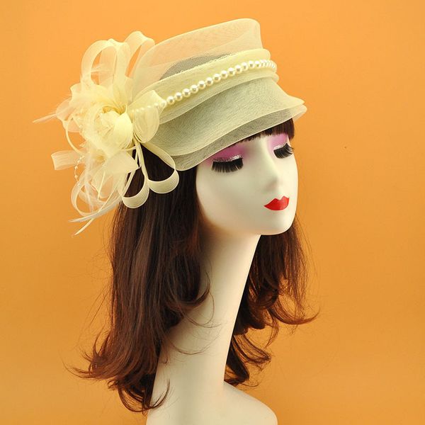

wide brim hats bucket handmade wedding tulle fascinator hat mesh accessories bride headwear women gauze headdress ladies cocktail party dinn, Blue;gray