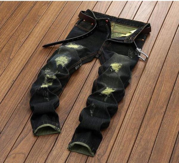 

mens jeans motorcycle biker jeans size 28 42 rock revival skinny slim ripped popular hip hop beggar hole denim pants men designer 1309807, Blue