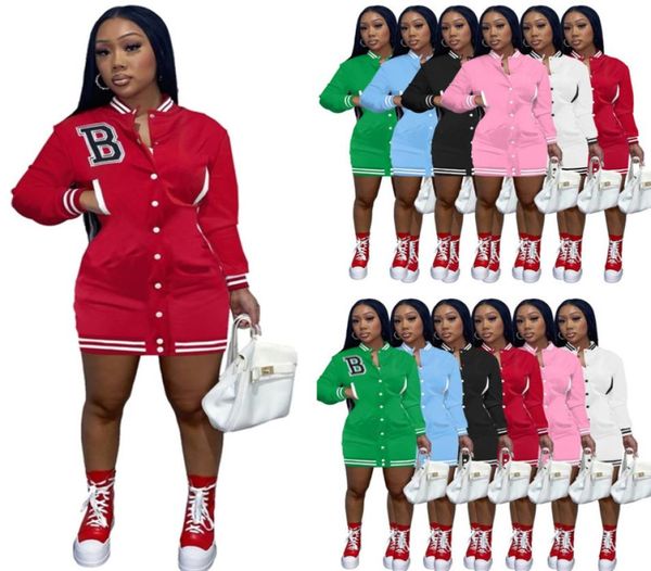 

women designer baseball dresses long sleeve letter b embroidered dress solid color elastic casual onepiece skirt3739334, Black;gray