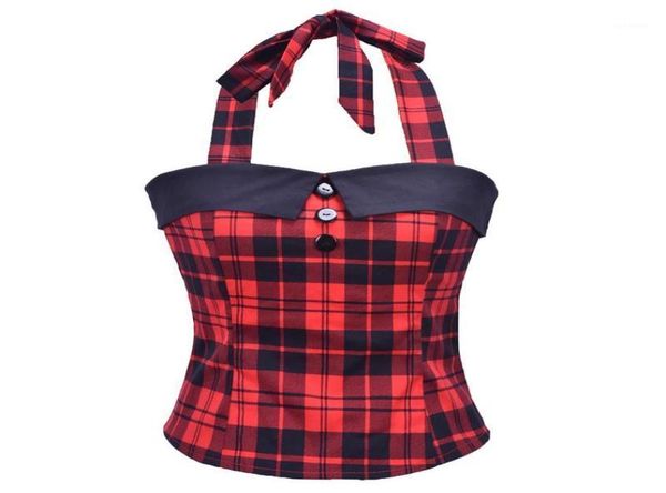 

red plaid vintage crop summer clothes for women retro 50s 60s pin up shirts button halter blouses blusa feminina13891491, White