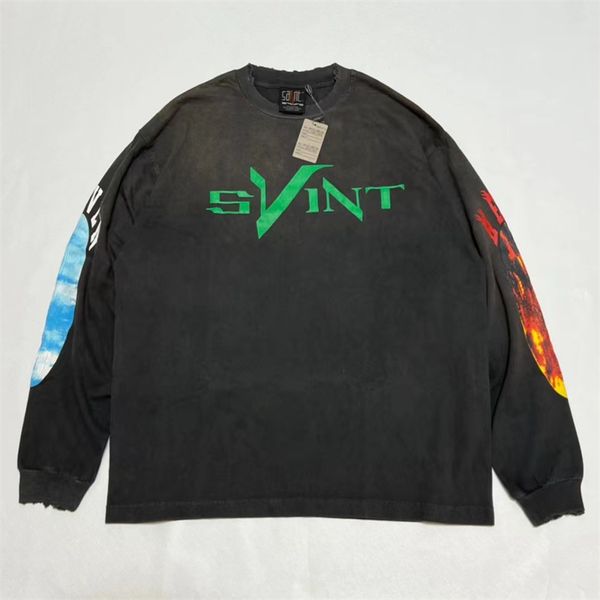 

long sleeve wash grey t shirt men women 1 vintage t-shirt tee, Black;brown