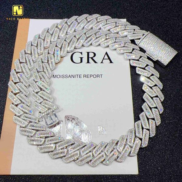 

big size cuban chains 18mm emerald cut moissanite diamond cuban link necklace buss down iced out men choker chains, Silver