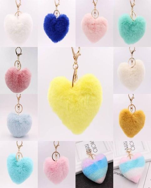 

super noticeable pom pom keychains fluffy heart shape pompoms keyring faux rabbit puff ball key chain for valentine day gift3860486, Slivery;golden