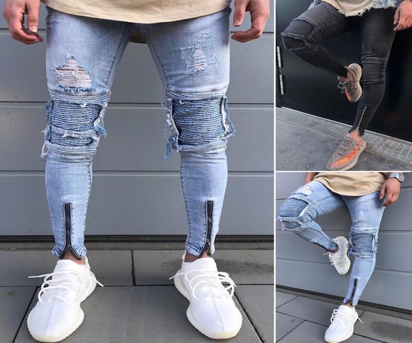 

new autumn fashion hole jeans men long trousers skinny ripped distressed jeans denim pants moto biker frayed pencil pants2797309, Blue
