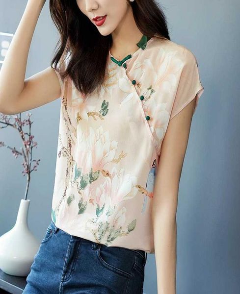 

women039s blouses natural silk summer women chinese style mandarin collar short sleeve real blouse loose lady print shirt4695942, White