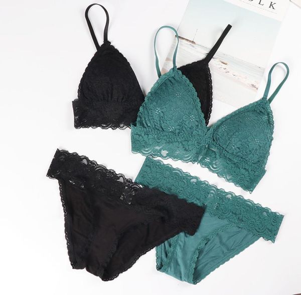 

thin french style bralette panties lace wireless triangle cup women lingerie suits soft bra sets seamless underwear deep v girls7277358, Red;black