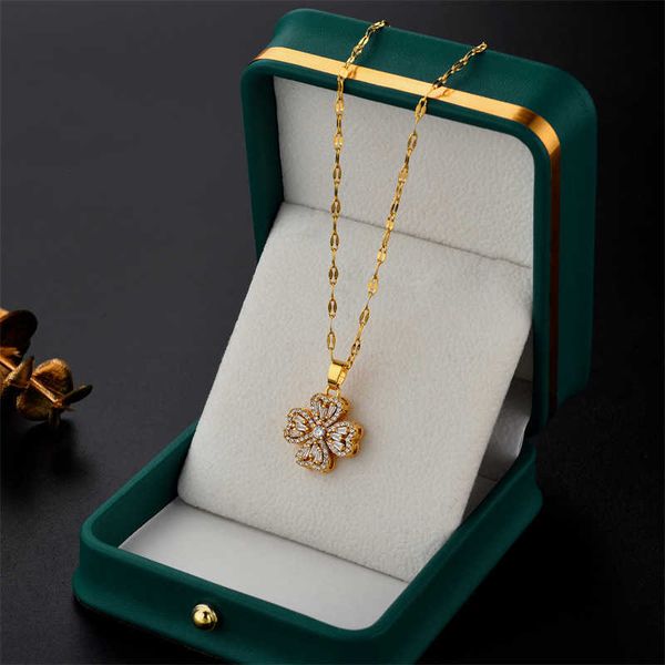 

designer four-leaf necklace clover luxury rotatable women's micro set white zircon rotable heart moving time collar chain van clee fash, Silver