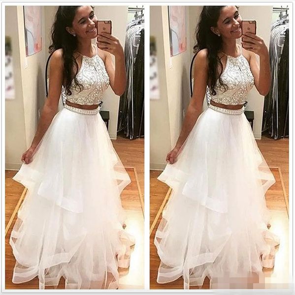 

2023 white two piece prom dresses beaded halter tiered skirt tulle organza ruffles custom made evening party gown formal occasion wear, Black