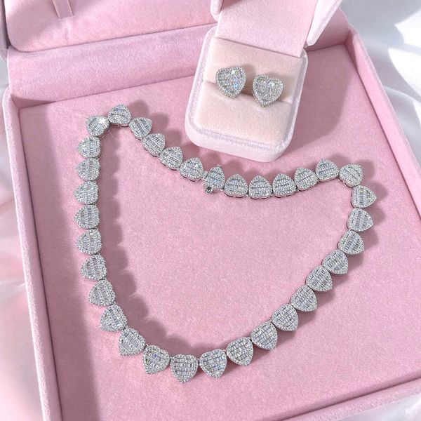 

foxi iced out bling cubic zirconia crushed heart necklace earrings set for women, Silver