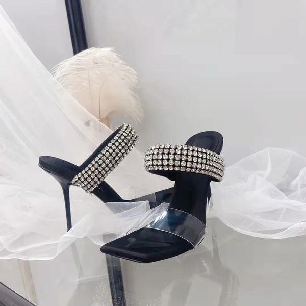 

designer sandals women shoes luxury julie slide heel in crystal pvc mules slides stiletto heel square toes eu33-41 with box wedding party dr, Black