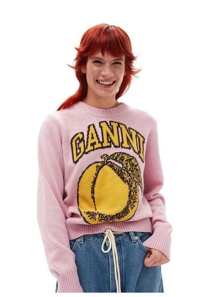 

ganni womens designer 2023 womens designer autumn new yellow peach pattern round neck pullover knitted sweater, White;black