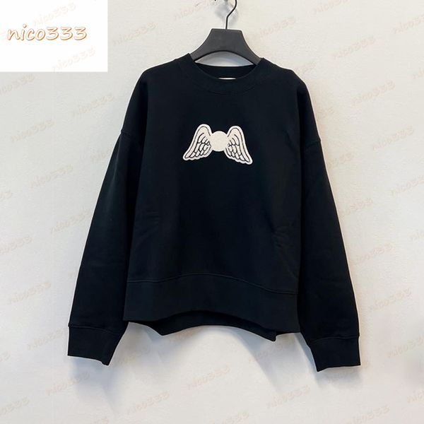 

23ss new flocked wings letter print pattern cotton loose versatile casual men and women pullover round neck sweater, Black