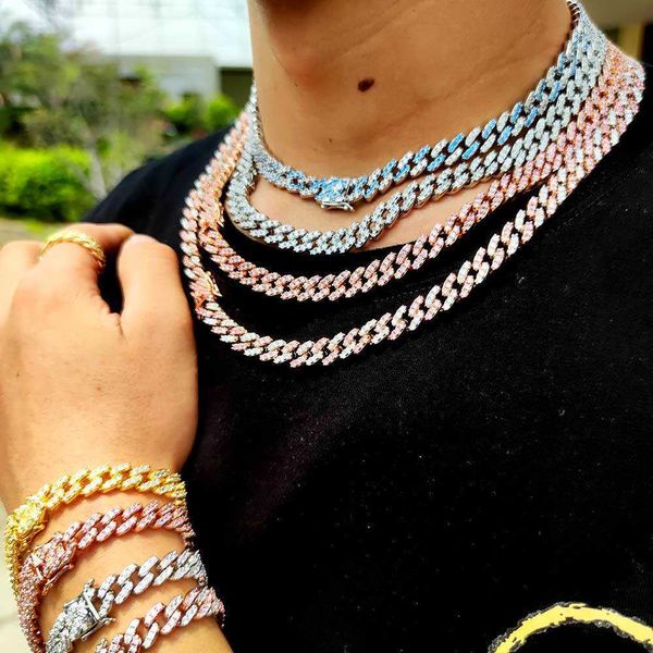 

pink blue cz diamond cuban chain 9mm cuban chain necklace iced out miami cuban link chain, Silver