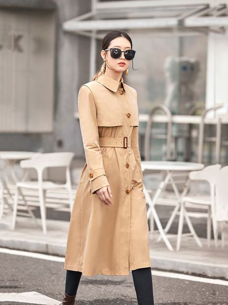 

designer fashion women's trench coat, european and american luxury check style, fashion stitching, fake two loose women's mid-leng, Tan;black