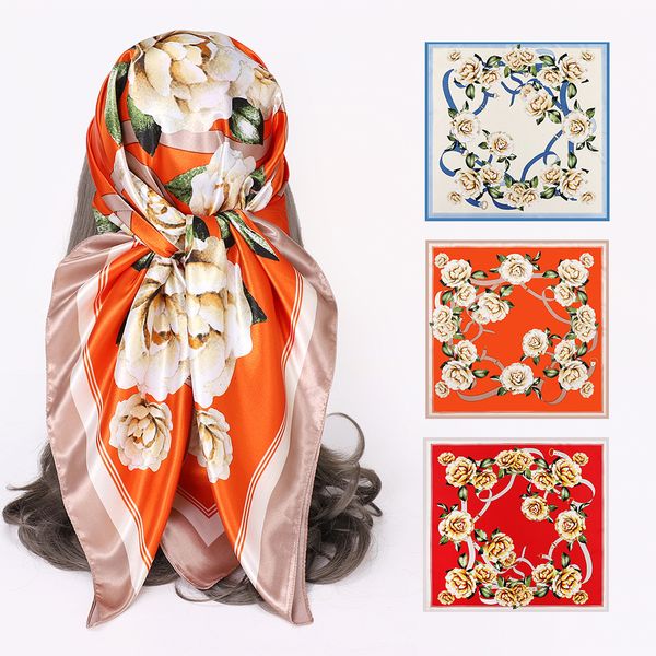 

designer women's scarf silk scarves women shawl silk ladies scarf floral shawl headscarf print kerchief beach neckscaf for lady 90x90cm, Blue;gray