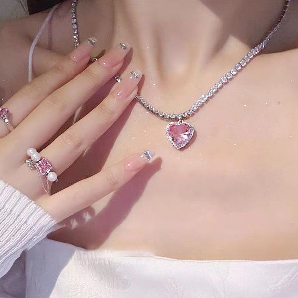 

pink heart pendant necklace for women lovers rhinestione clavicle chain chocker female cute crystal moonstone jewlery gifts wholesale ymn028, Silver