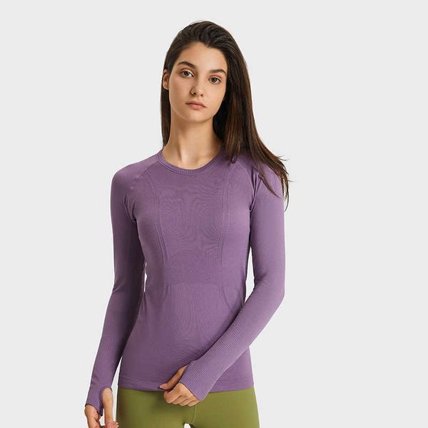 

lu lu lemon women's t-shirt women's seamless slimming yoga t-shirt fitness long sleeved sports cut women's gym sportswear ath