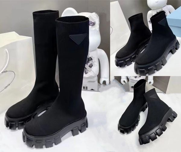 

new cuff rib socks low heel high boots stretch knit black leather biker over the knee boots women's luxury designer shoes factory shoes