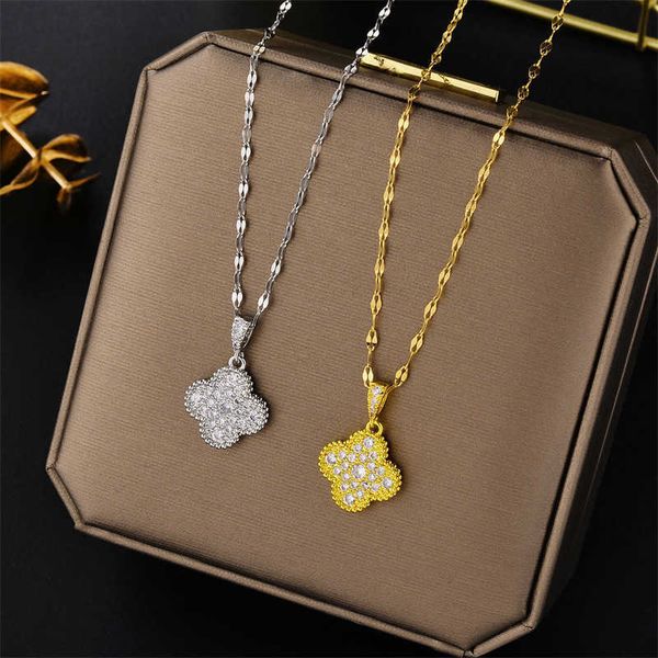 

designer four-leaf clover necklace luxury inlaid zircon titanium steel gold minimalist clavicle necklace female fairy and gentle van clee ac, Silver