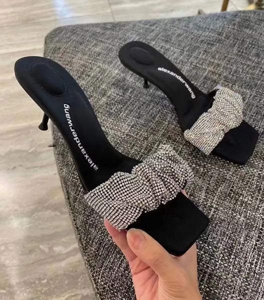 

luxury brand wang women pvc julie sandals shoes party-ready design ankle strappy crystal branding straps dress wedding walking eu35-40, Black
