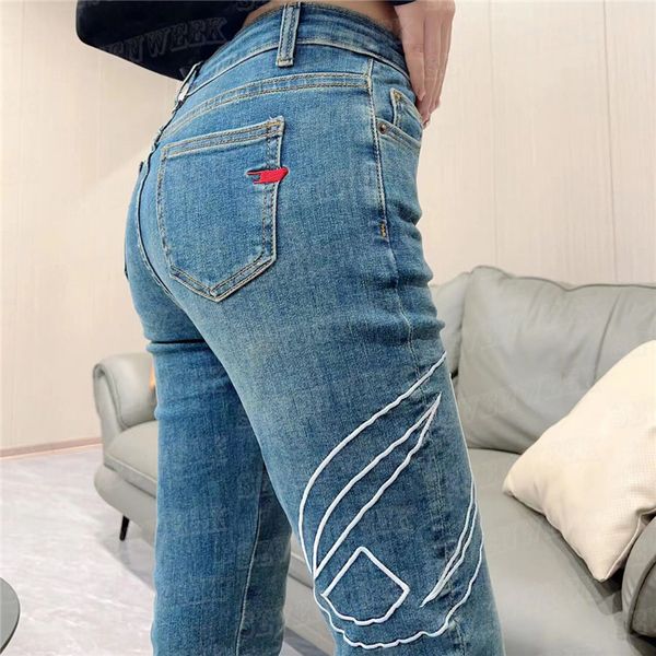 

designer denim pant jeans for women design side embroidered letter stretch slim pants high street trousers jean, Black