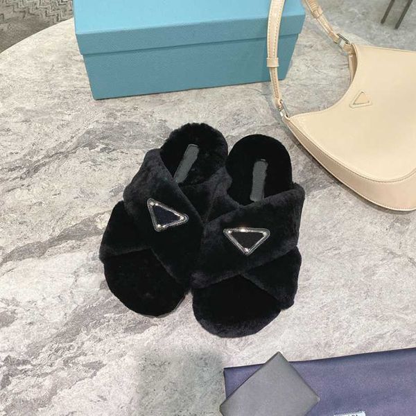 

designer slippers luxury flat bottom women's sandals black beige white cross face inverted triangle plush slippers women's fashion