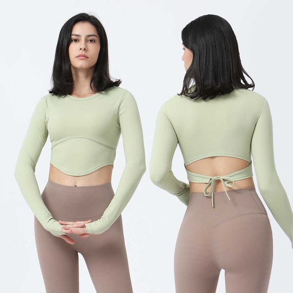 

lu lu lemon women's t-shirt yoga long sleeves shirt u neck tying sports wear bowknot finger hole pilates crop running dancing crop177
