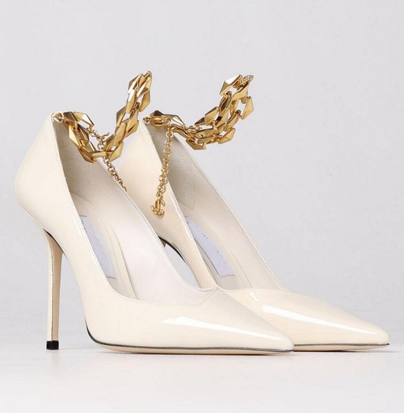 

elegant women diamond talura sandals shoes purple black white patent leather pointed toe pumps with gold chain stiletto heels lady brial wed