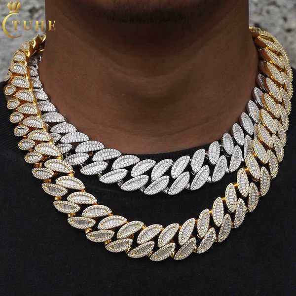 

cubana hip hop jewelry mens 20mm 925 sterling sier vvs baguette moissanite diamond iced out leaf cuban link chain necklace, Silver