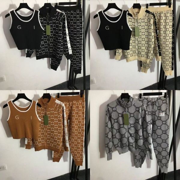 

womens set designer womans two piece pants autumn winter new fashion knitted three piece set cardigan full letter small foot tank panel blac, White;black
