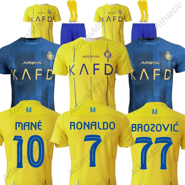 

al nassr ronaldo soccer jerseys 2023 2024 mane brozovic laporte ziyech al-nassr football shirts kids kit player version 23/24, Black;yellow