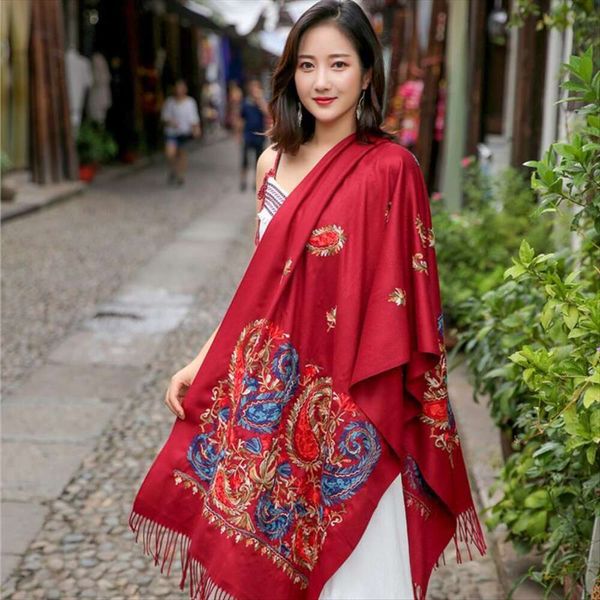 

autumn and winter style cashmere like scarf women womens national cashew emembroidery shawl warm tassels wool, Blue;gray