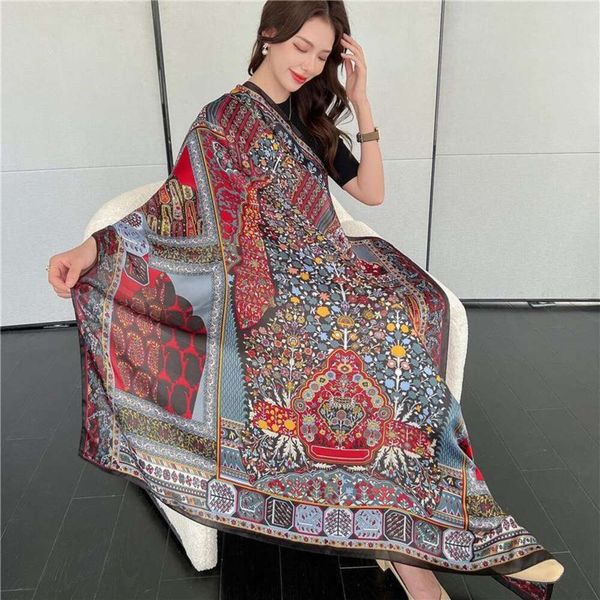 

ethnic style printed silk scarf spring and summer sunblock shawl, Blue;gray