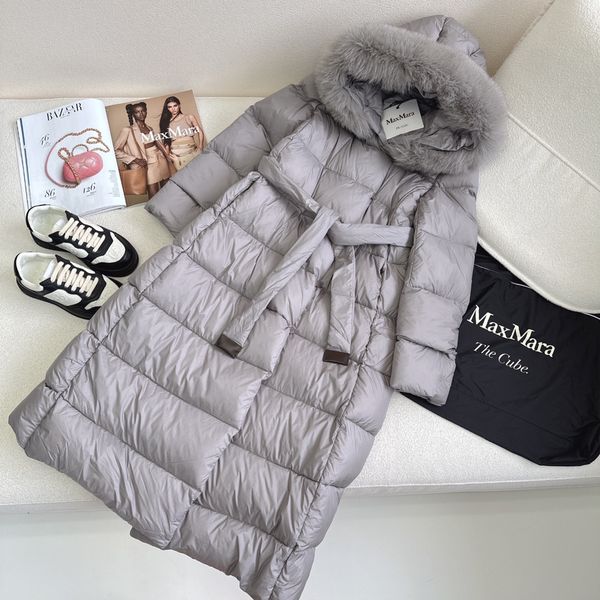 

women winter coat down coat women's long over knee thickened lace up waist fitted fleece collar hooded coat, Black