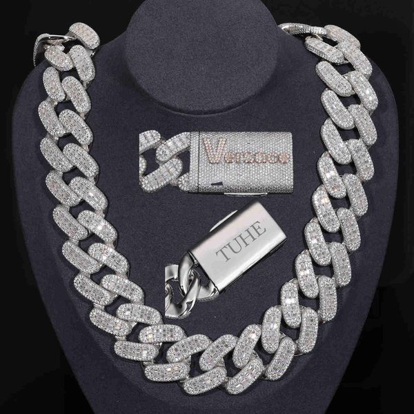 

factory custom 25mm 925 sterling sier 2 rows vvs baguette moissanite diamond iced out cuban link chain necklace, Silver
