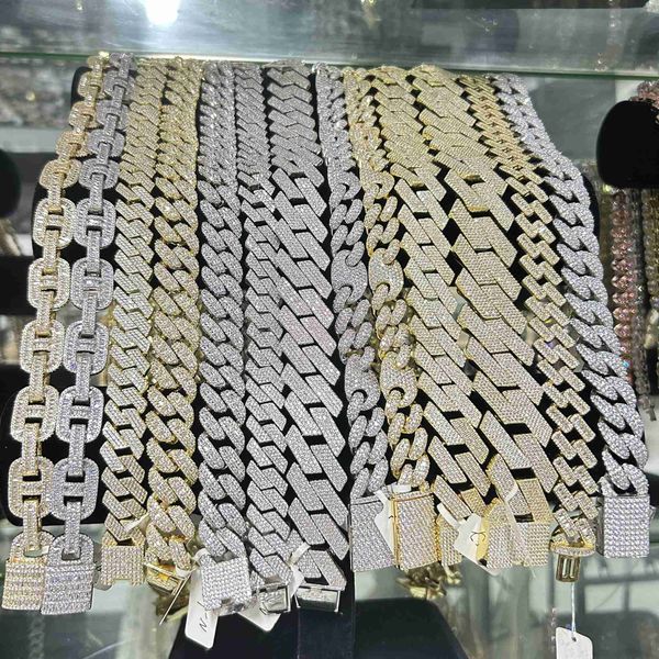 

mens hip hop bling iced out miami cuban link 10mm to 28mm 925 sier vvs moissanie diamond baguette cuban link chains necklace, Silver