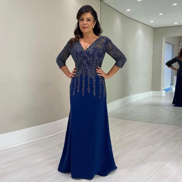 

dark navy lace mother of the bride dresses beaded v neck mermaid evening gowns with long sleeves chiffon wedding guest dress, Black;red