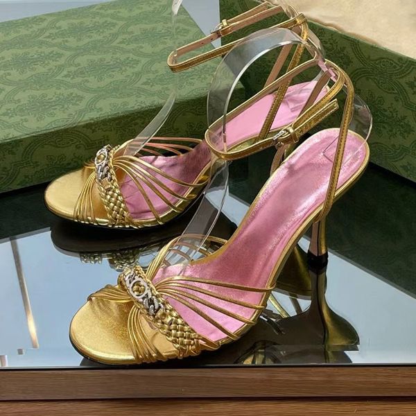 

interlocking high heel sandals round toes chain woven ankle strap comfortable for women stiletto heel party dress shoes 8.5cm luxury designe, Black