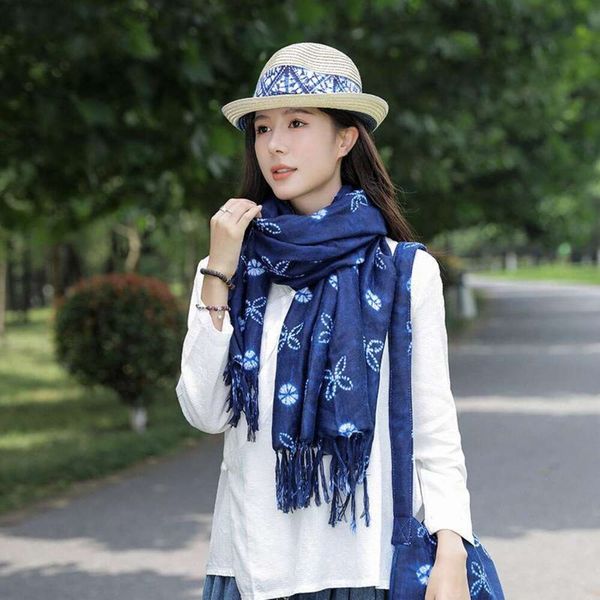 

tie dyed artistic ethnic style scarf yunnan lijiang tourism printed cotton womens sunblock all matching shawl, Blue;gray