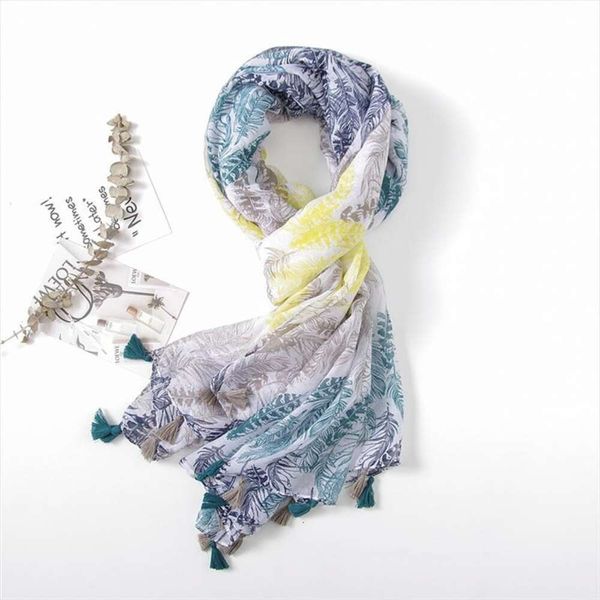 

spring scarf for women hong kong style feather color matching cotton travel p sunblock shawl dual use, Blue;gray