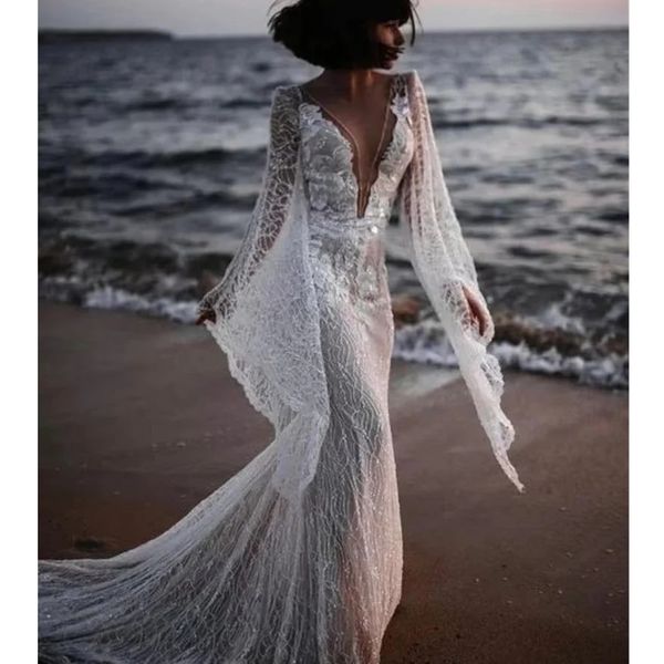 

lace illusion berta mermaid wedding dresses deep v neck long sleeves bridal dresses vintage wedding gowns 2024, White
