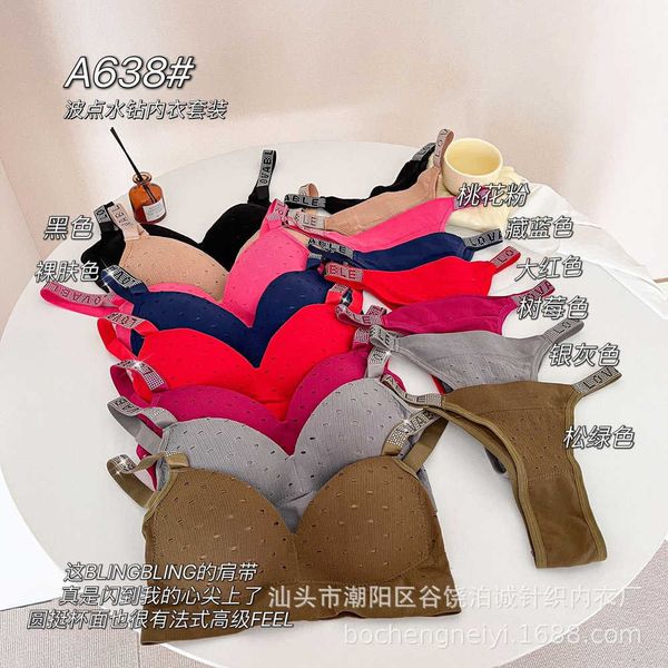 

french bra set wave dot fixed cup chest pad diamond bra english letter with t-shaped pants beautiful back230902, Red;black