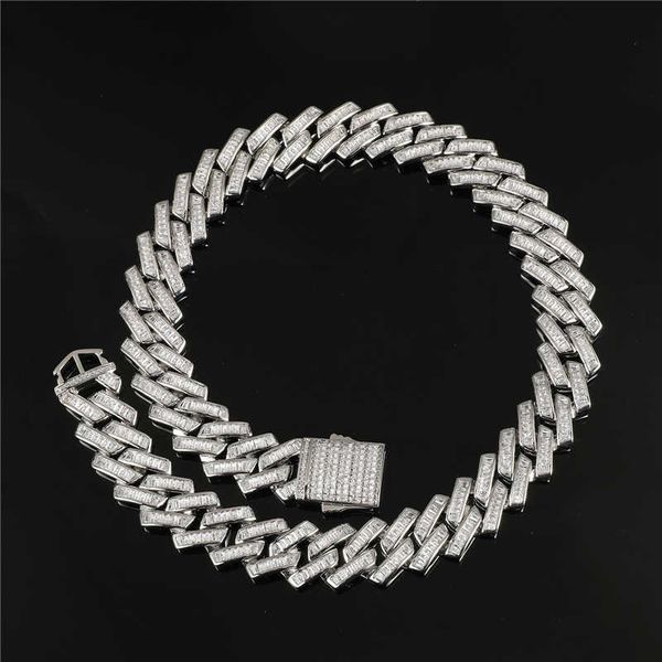

2023 hip hop jewelry baguette chain bracelet iced out cz cubic zirconia 19mm baguette miami cuban chain necklace in white gold, Silver