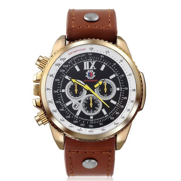 

sports casual large calendar new outdoor watch quartz dial fake watches fashion men's three-eye watch gold jfeue, Slivery;brown