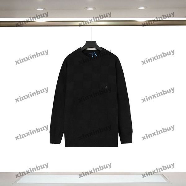 

xinxinbuy men women designer sweatshirt pin chessboard grid letter jacquard knitted fabric green black white brown m-2xl, Black;brown