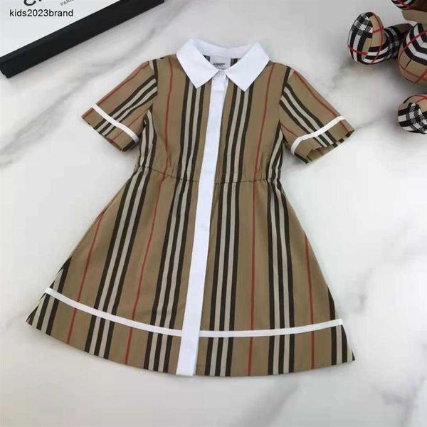 

designer girl dress fashion multi color striped printing kids skirt 110-150 cm short sleeved lapel dresses summer products, Red;yellow