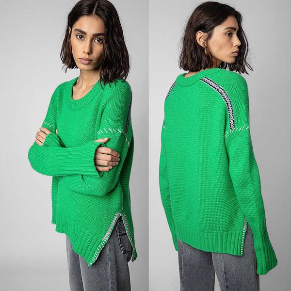 

23ss zadig voltaire fashion designer sweater coats classic style hand woven hem split loose wool knitted sweatshirt women casual sweater, White